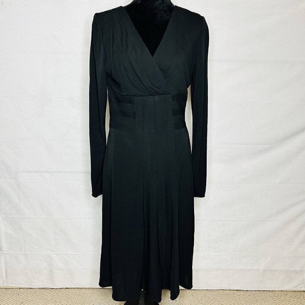 KAY UNGER Black Dress Womens Size 10 Faux Wrap Knee-Length Long Sleeve